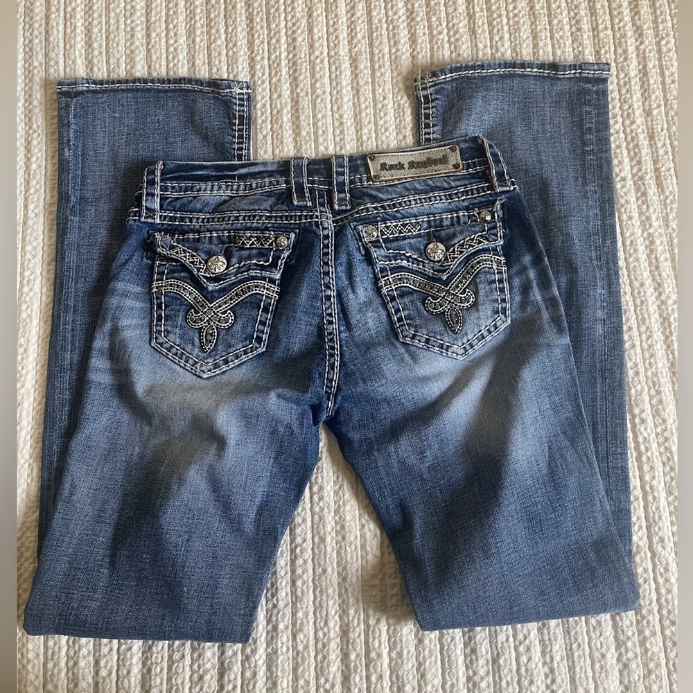 Rock revival easy boot jeans woman’s size 28 dark wash bling pockets - lowrise